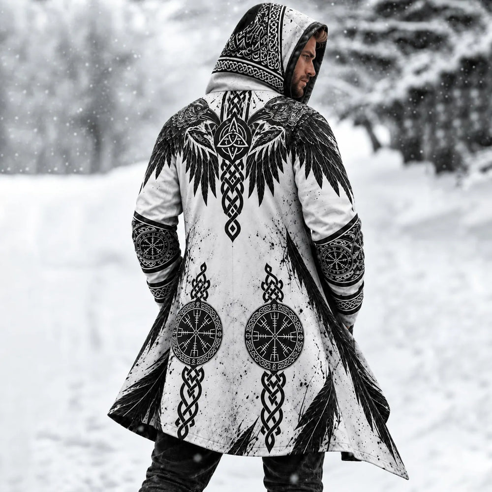 Men's Vintage White Viking Raven Rune Compass Longline Hooded Jacket