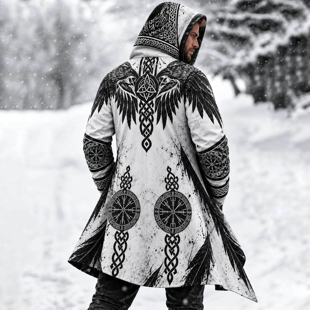 Men's Vintage White Viking Raven Rune Compass Longline Hooded Jacket