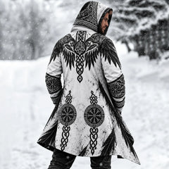 Men's Vintage White Viking Raven Rune Compass Longline Hooded Jacket