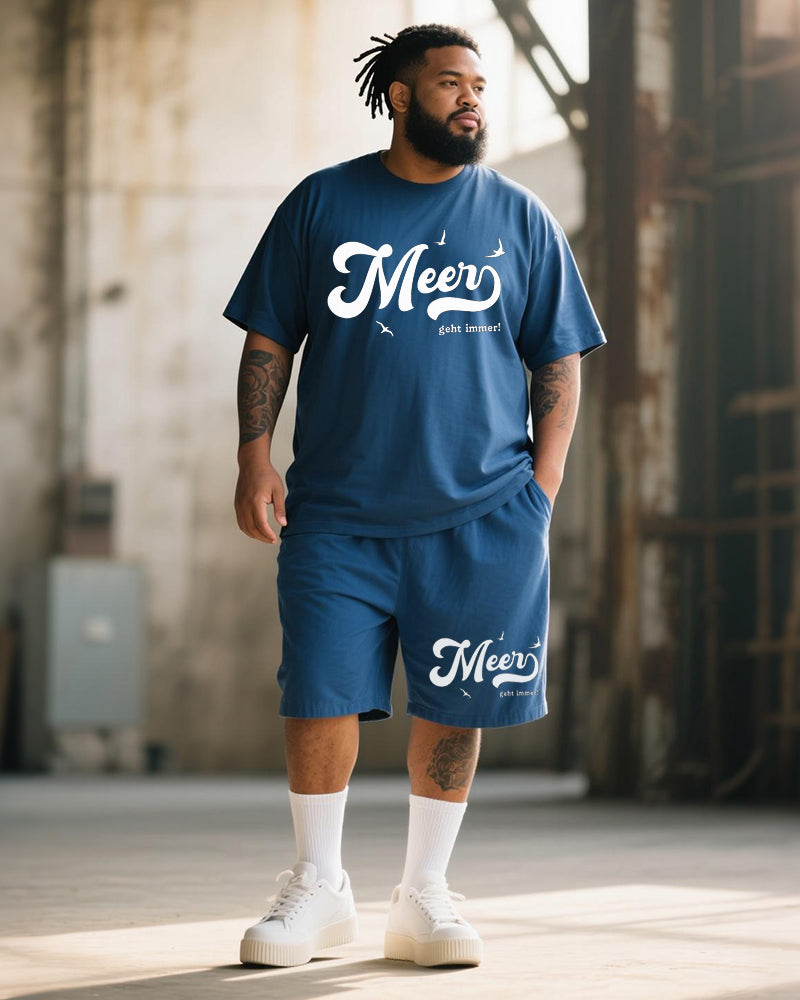 Big & Tall Men's Meer Geht Immer Alphabet Print Round Neck Short Sleeve T-Shirt Shorts Suit