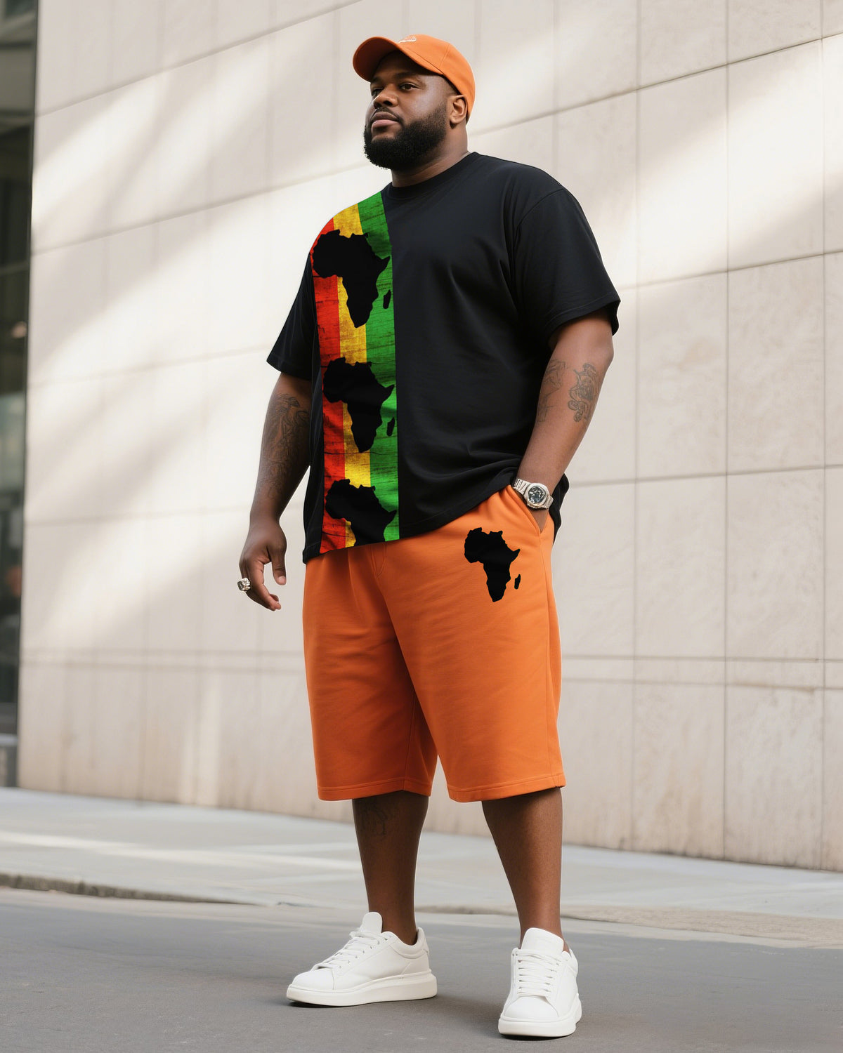 Men's Plus Size Black With Hermes Orange Creative Stripe African Figure Print T-Shirt Shorts Suit