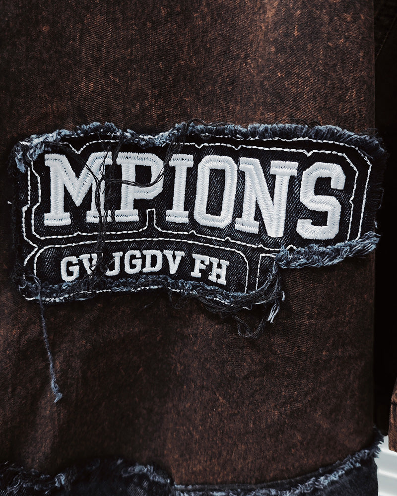 M-2XL Street Fashion Black Brown Washed Old Letter Collage Pocket Print Short Sleeve Shirt