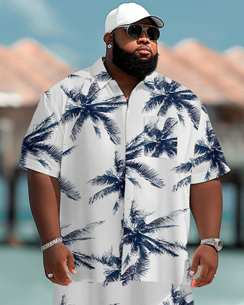 Big Guy Hawaiian Coconut Tree Print Pocket Short Sleeve Shirt Shorts Set
