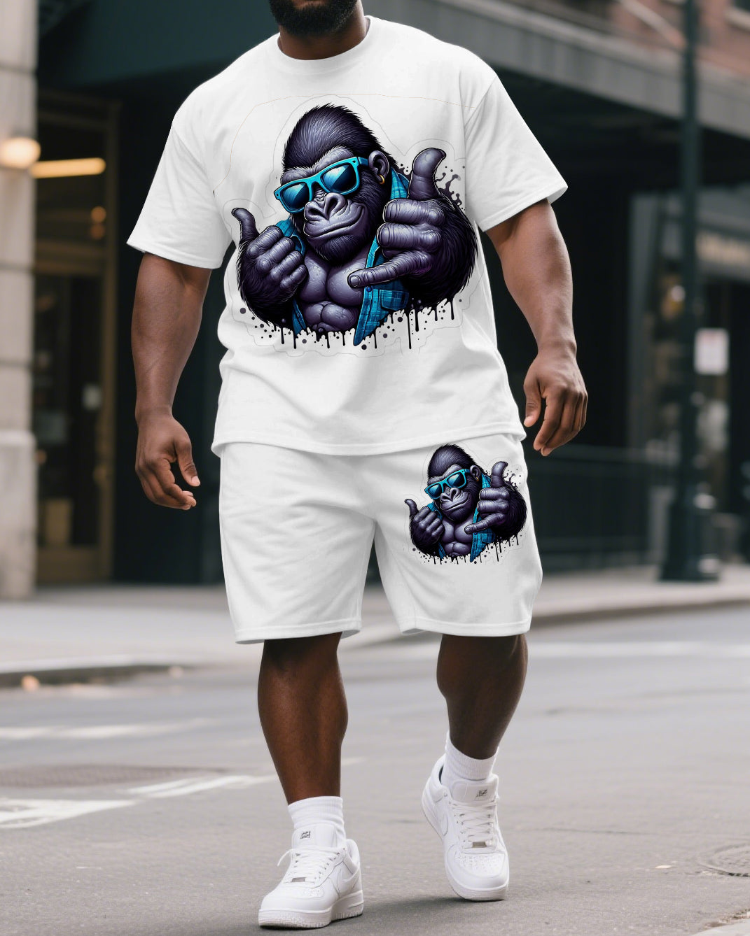 Big & Tall Men's Street Simple Rock Gorillas Print Short-Sleeved T-shirt and Short Set