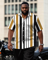 Men's Plus Size Black & White & Khaki Striped Short Sleeve Shirt Trousers Suit