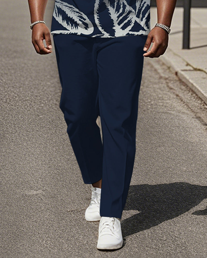 Men's Plus Size Blue Gradient Leaf Print Henley Collar T-Shirt Pants Suit