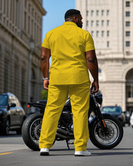 Men's Plus Size Fashion Yellow & Black Simple Short Sleeve Shirt Pants Suit