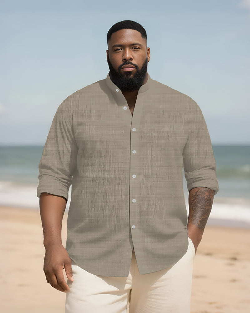 Big & Tall Men's Daily Solid Color Bamboo Hemp Texture Stand Collar Long Sleeve Shirt