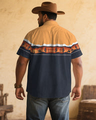 Men's Plus Size Black & Khaki Western Denim Cotton Blend Short Sleeve Shirt