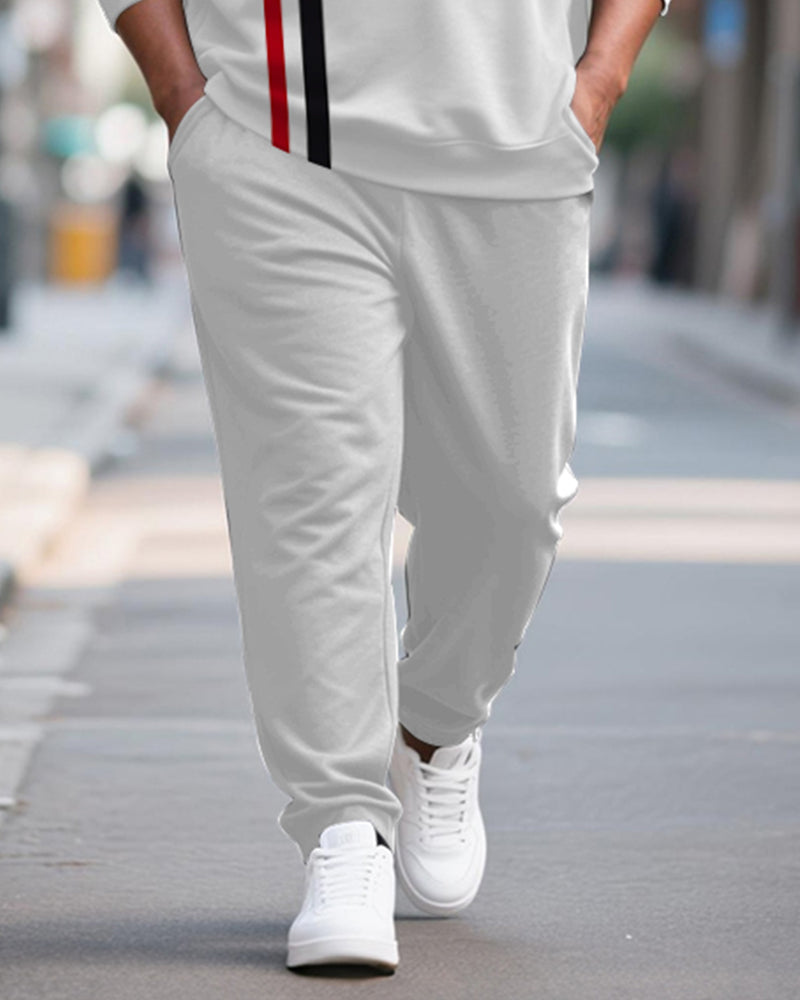 Big & Tall Men's Black And Red Contrast Striped Printed POLO Collar Zipper Long Sleeve Pants Two-piece Set