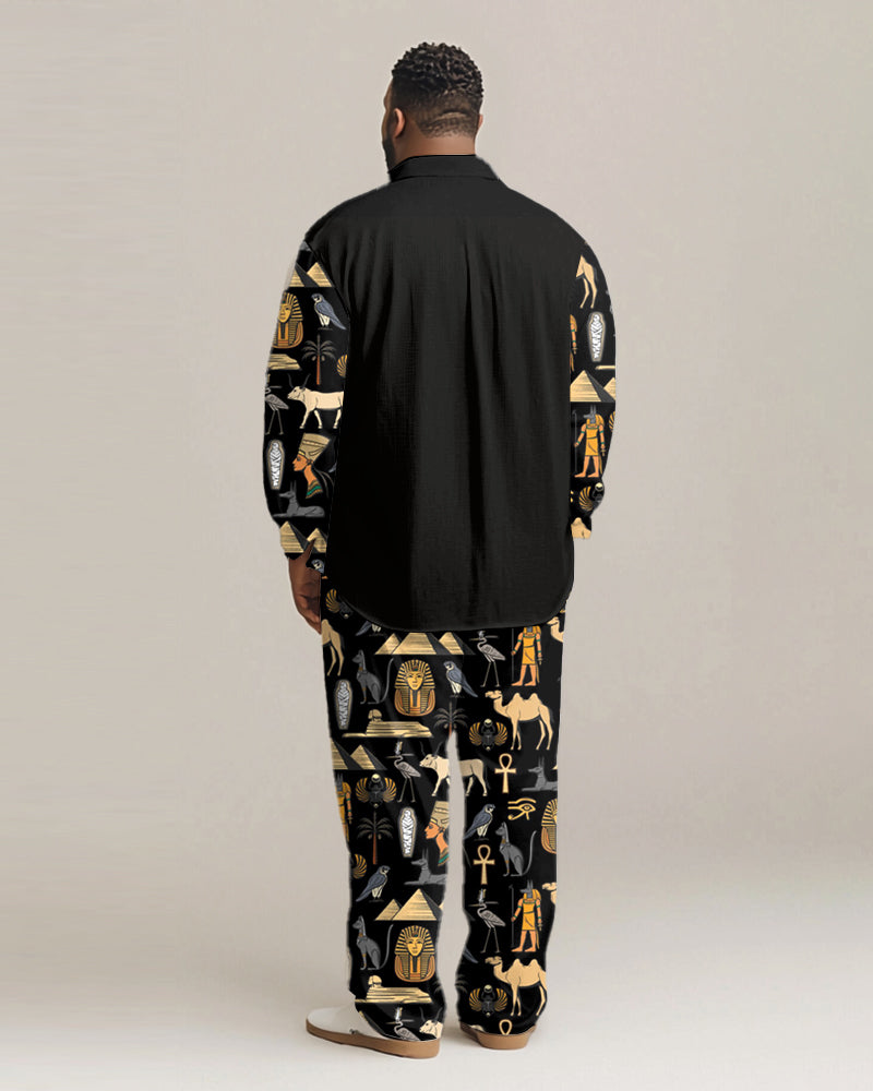 Men's Plus Size Egyptian Fun Print Patchwork Print Long Sleeve Shirt Trousers Suit