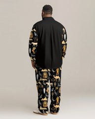 Men's Plus Size Egyptian Fun Print Patchwork Print Long Sleeve Shirt Trousers Suit