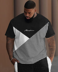 Men's Big & Tall Casual Colorblock Houndstooth Printed T-Shirt Pants Set