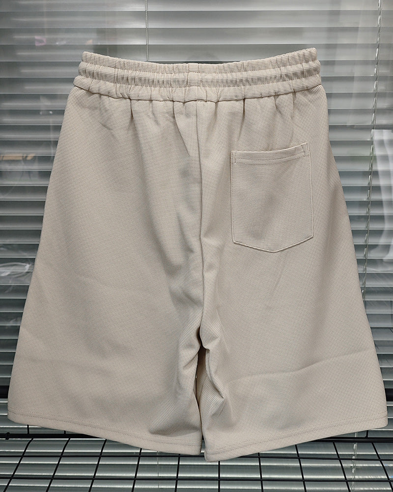 M-3XL Daily Casual Apricot Wafflick Breathable Crewneck Shorts Suit