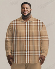 Men's Plus Size Daily Casual Classic Khaki Plaid Long Sleeve Shirt Trousers Suit