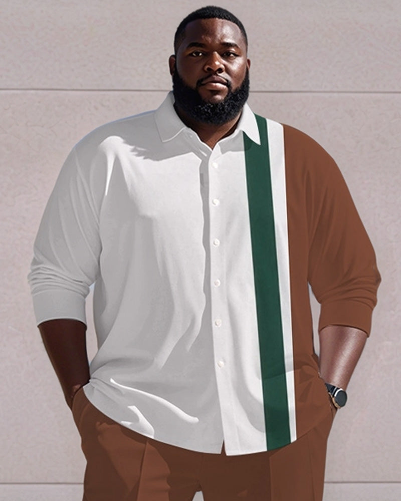 Men's Plus Size Green Brown White Colorblock Vertical Stripe Print Long Sleeve Shirt Trousers Suit