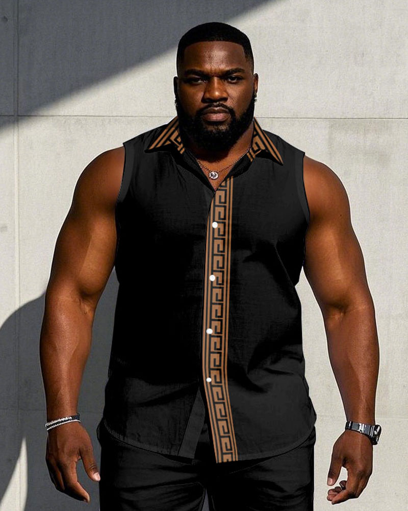 Men's Large Feature Patchwork Print Sleeveless Vest Shirt Shorts Suit