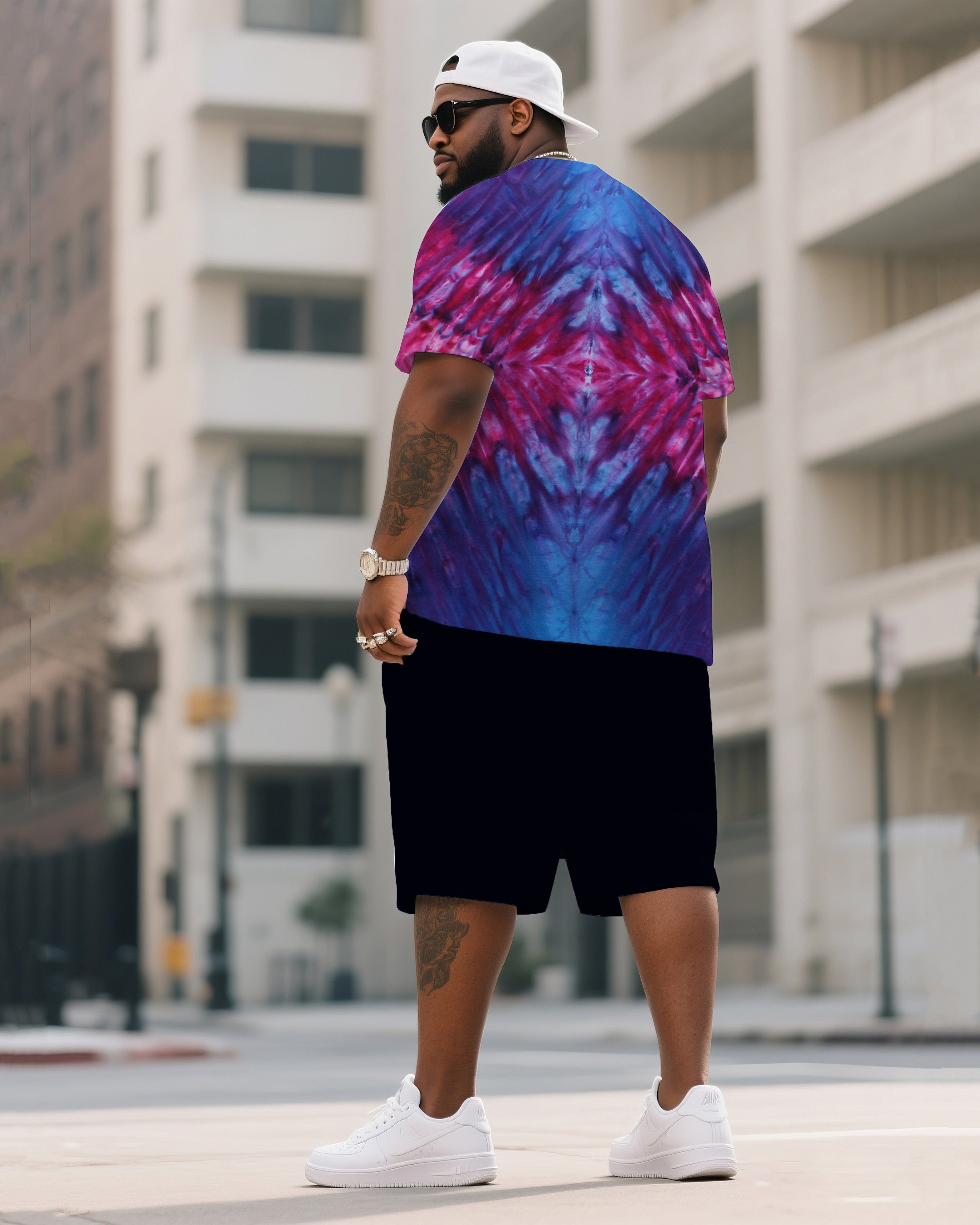 Men's Plus Size Double-Sided Diamond Ice Dye Tie-Dye Round Neck T-Shirt Shorts Suit