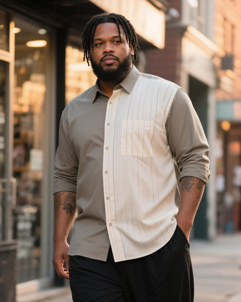 Big & Tall Men's Business Grey White Stripe Printed Long Sleeve Shirt