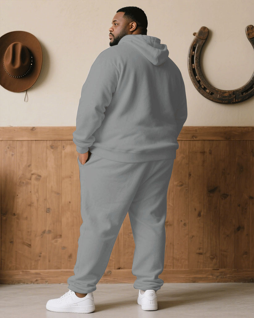 Big & Tall Men' Autumn And Winter Gray & White & Black Stitching Simple Chest Small Label Printed Hoodie Suit