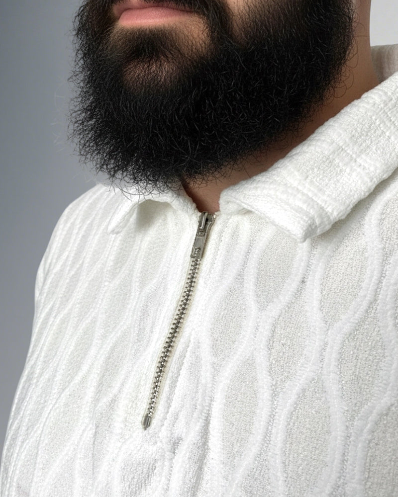 Big & Tall Men's White-Autumn And Winter Jacquard Texture Knitted Fabric Metal Zipper Long Sleeve POLO Shirt