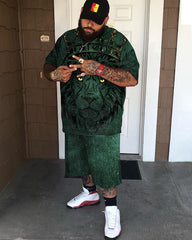 Big Men's Casual Green Lion Print Short Sleeve T-shirt Shorts Sets