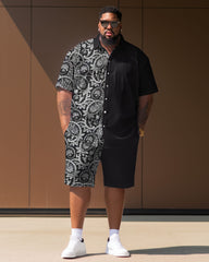 Big Men  Casual Vacation Retro Pattern Short Sleeve Shirt Shorts Set