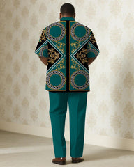 Big & Tall Men's Business Green Luxury Pattern Printed Short Sleeve Shirt Trousers Suit
