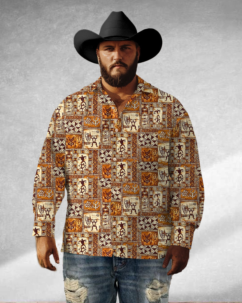 Western Denim Geometric Long Sleeve Lapel Shirt Big Man