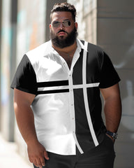 Business Patchwork Striped Pattern Large Size Men's Short Sleeve Shirt