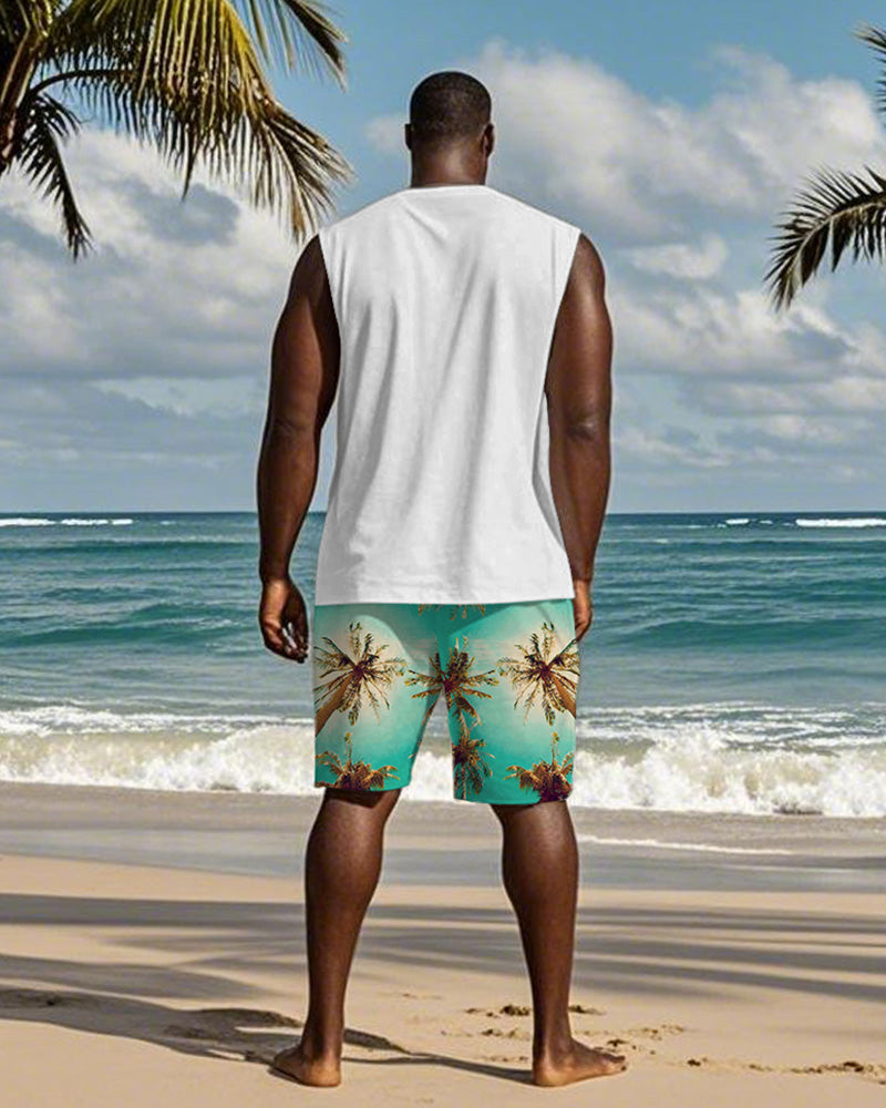 Men's Plus Size Hawaiian Green Coconut Tree Alphabet Print Tank Shorts Suit