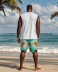 Men's Plus Size Hawaiian Green Coconut Tree Alphabet Print Tank Shorts Suit