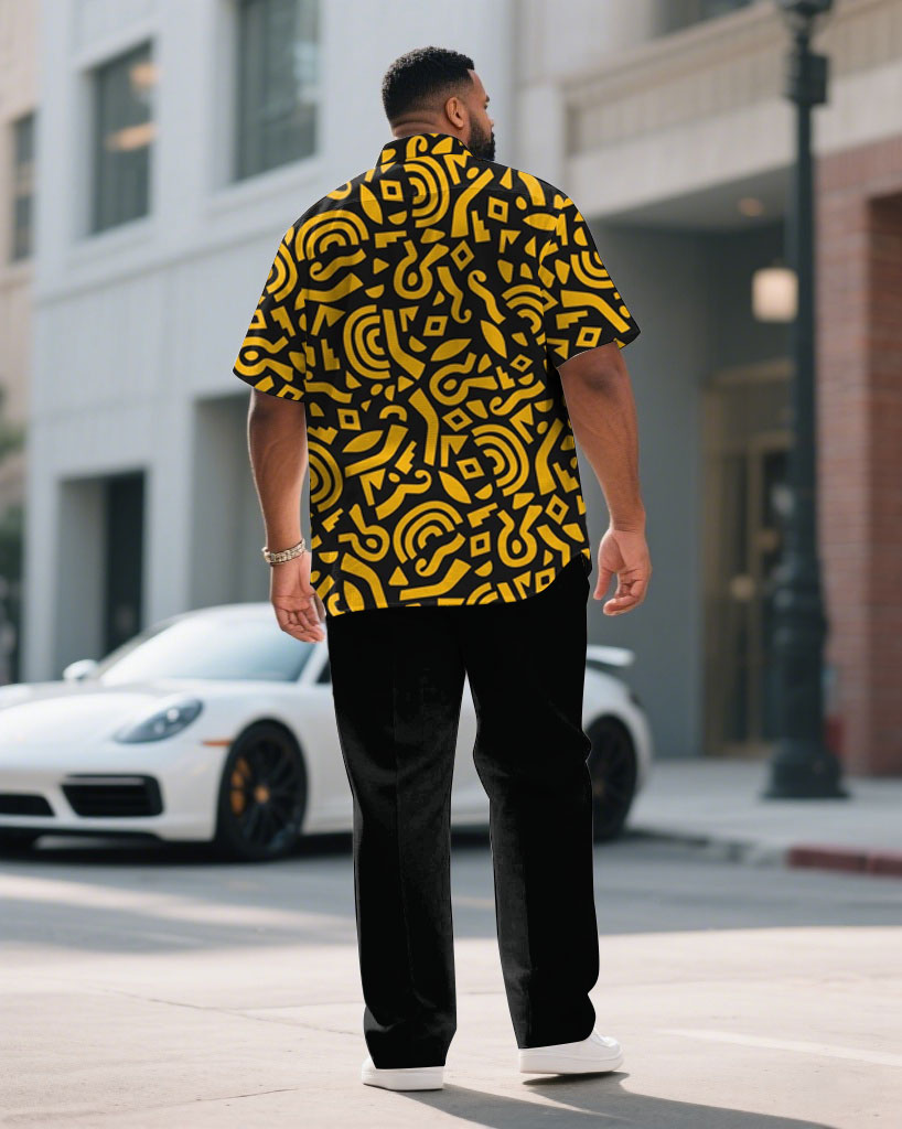 Men's Plus Size Black & Yellow Irregular Geometric Arrangement Short Sleeve Shirt Pants Suit