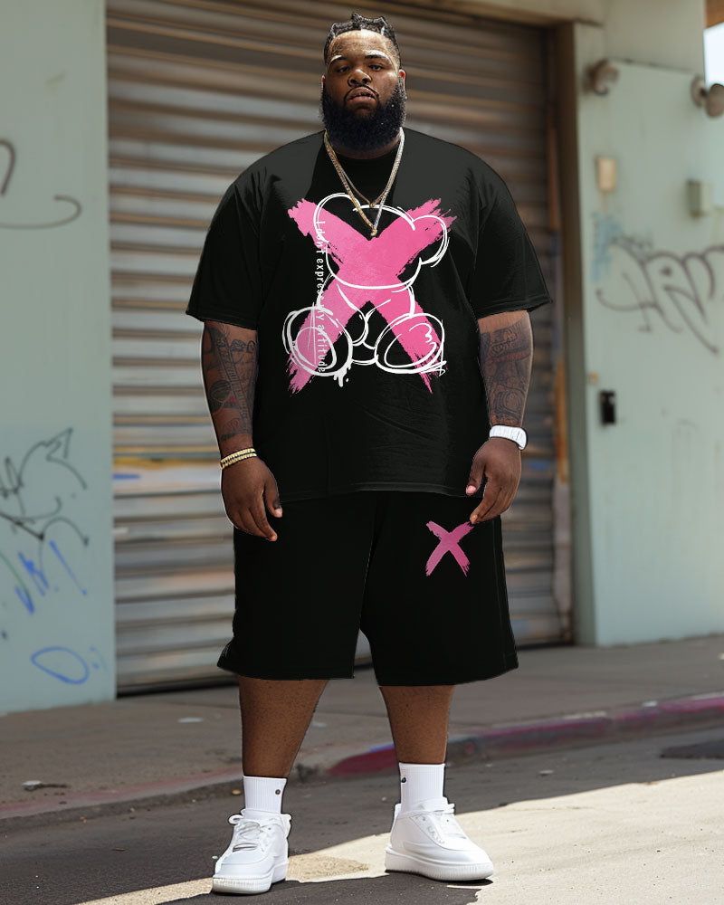 Men's Plus Size Casual X-Bear Graffiti T-Shirt and Shorts 2 Piece Set