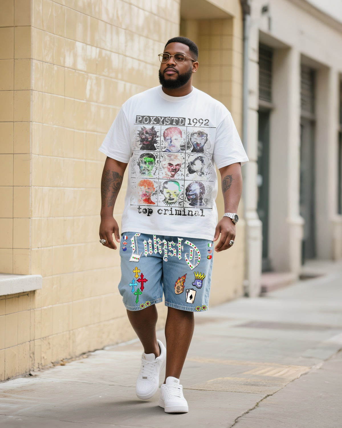 Big & Tall Men's Fashion Street Personality Original Short Sleeve T-shirt Shorts Denim Suit