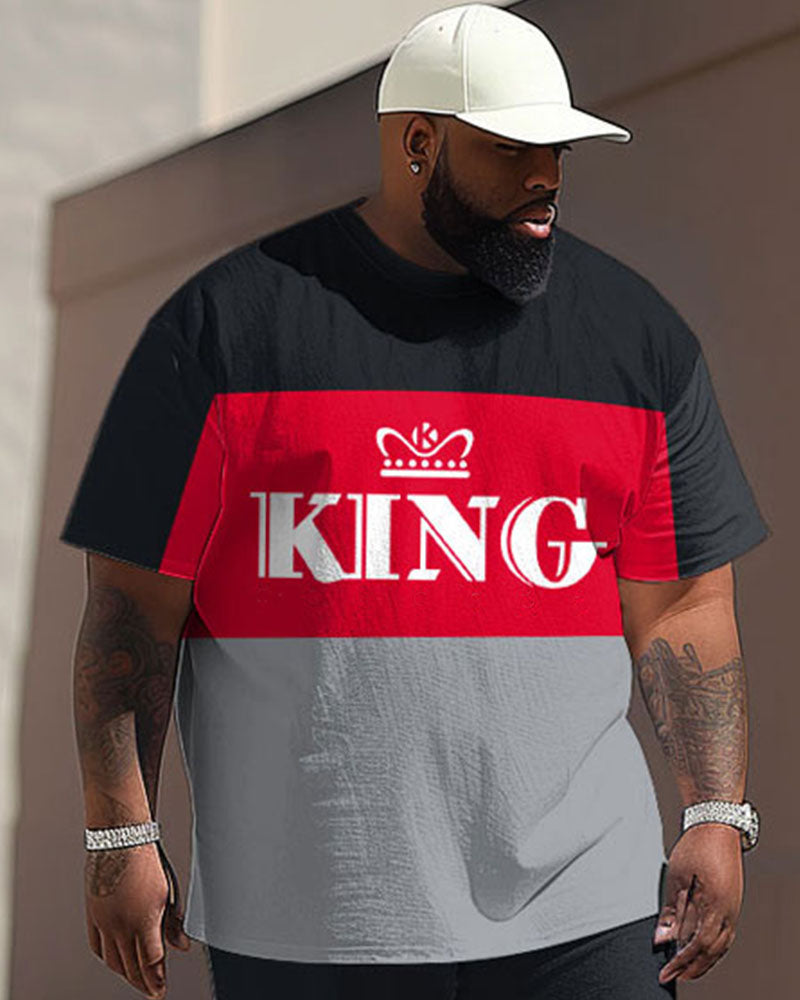 Street Simple Color Block King Letter Print Big & Tall Men's Set