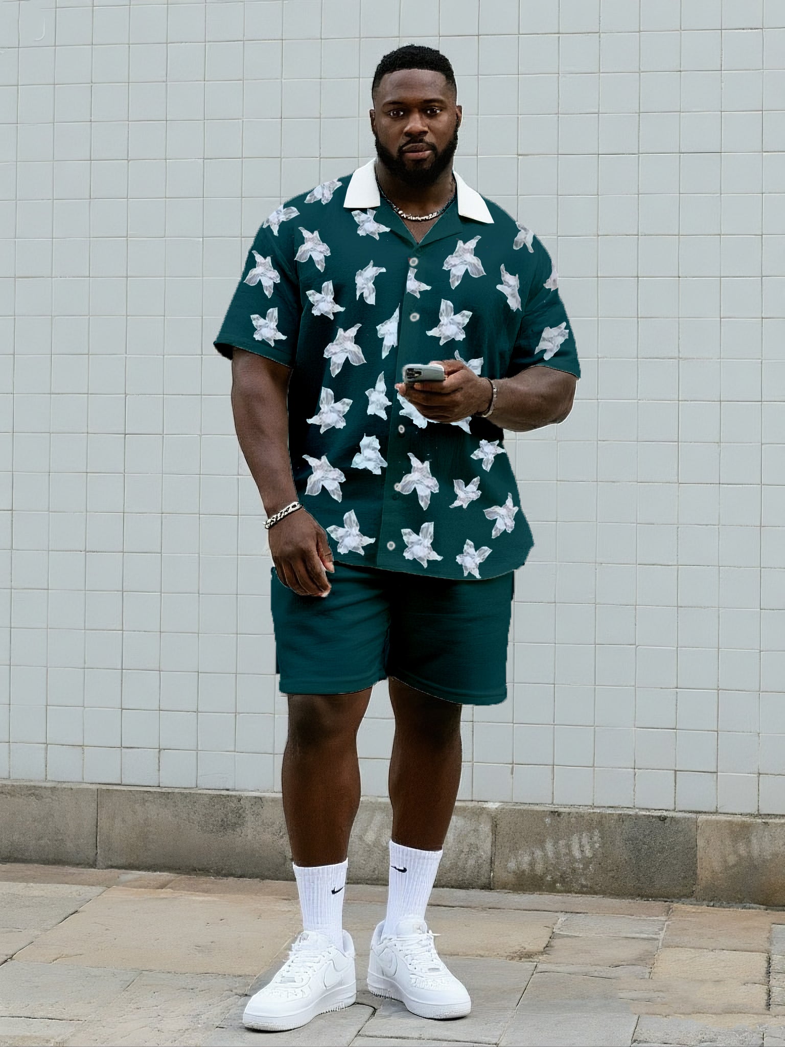 Big & Tall Men's Daily Leisure. Irregular Pentagram Floral Print Shirt Shorts Suit