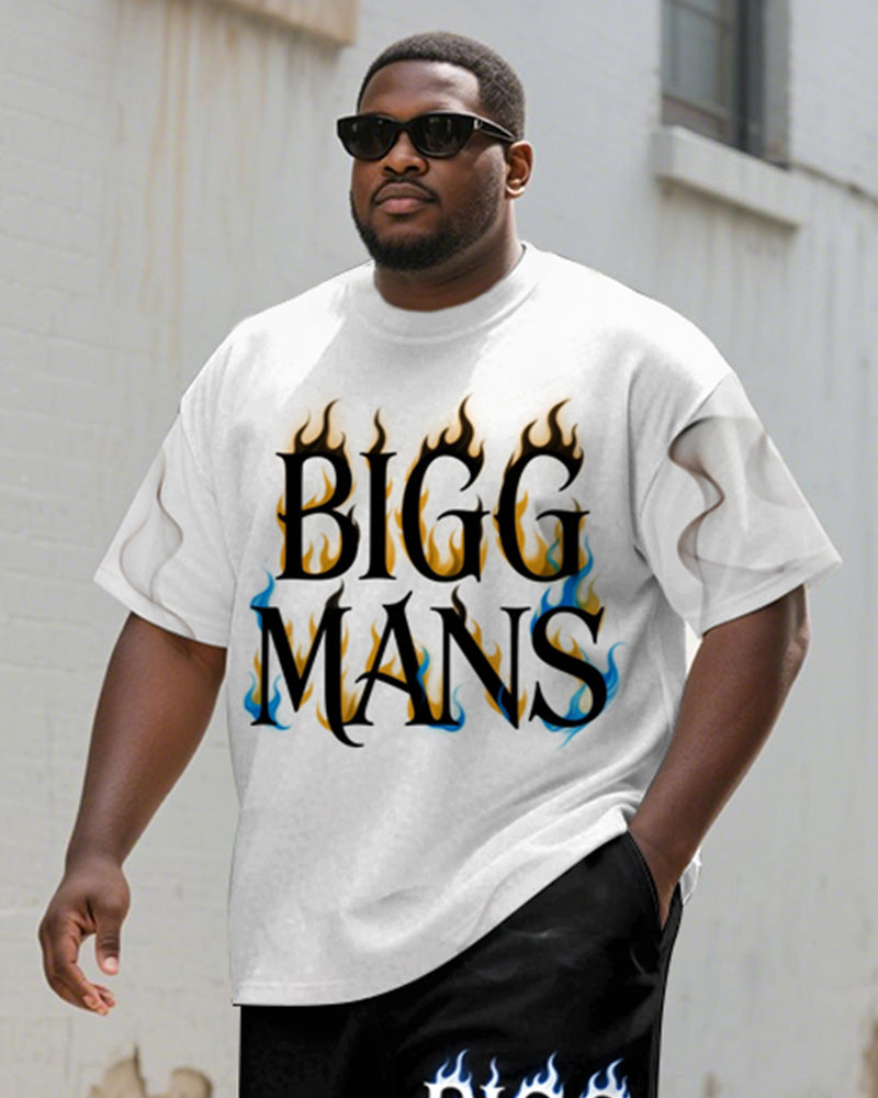 Men's Plus Size Flame Gradient BIGGMANS Letter Print Round Neck Short Sleeve T-shirt Shorts Suit