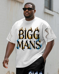 Men's Plus Size Flame Gradient BIGGMANS Letter Print Round Neck Short Sleeve T-shirt Shorts Suit