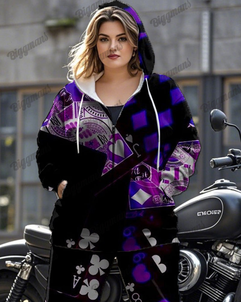 Personalized Poker Print Large Size Long Sleeve Zipper Hoodie Set
