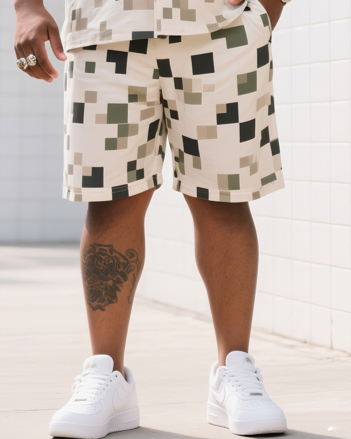 Big Man's Daily Casual Square Creative Camouflage Short Sleeve Shirt Shorts Suit