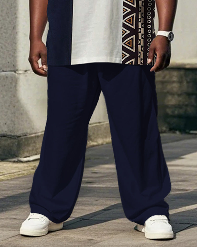 Men's Plus Size Daily Casual Blue Colorblock Ethnic Style Printed T-shirt Trousers Suit