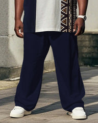 Men's Plus Size Daily Casual Blue Colorblock Ethnic Style Printed T-shirt Trousers Suit