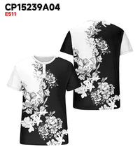 Men's Plus Size Black And White Floral Print Henley Collar Button Short Sleeve T-shirt