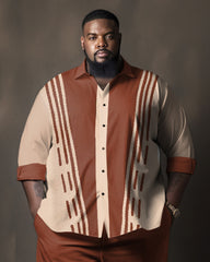 Men's Casual Plus Size Gentleman Brown Colorblock Lapel 2 Shirt Two-Piece Set
