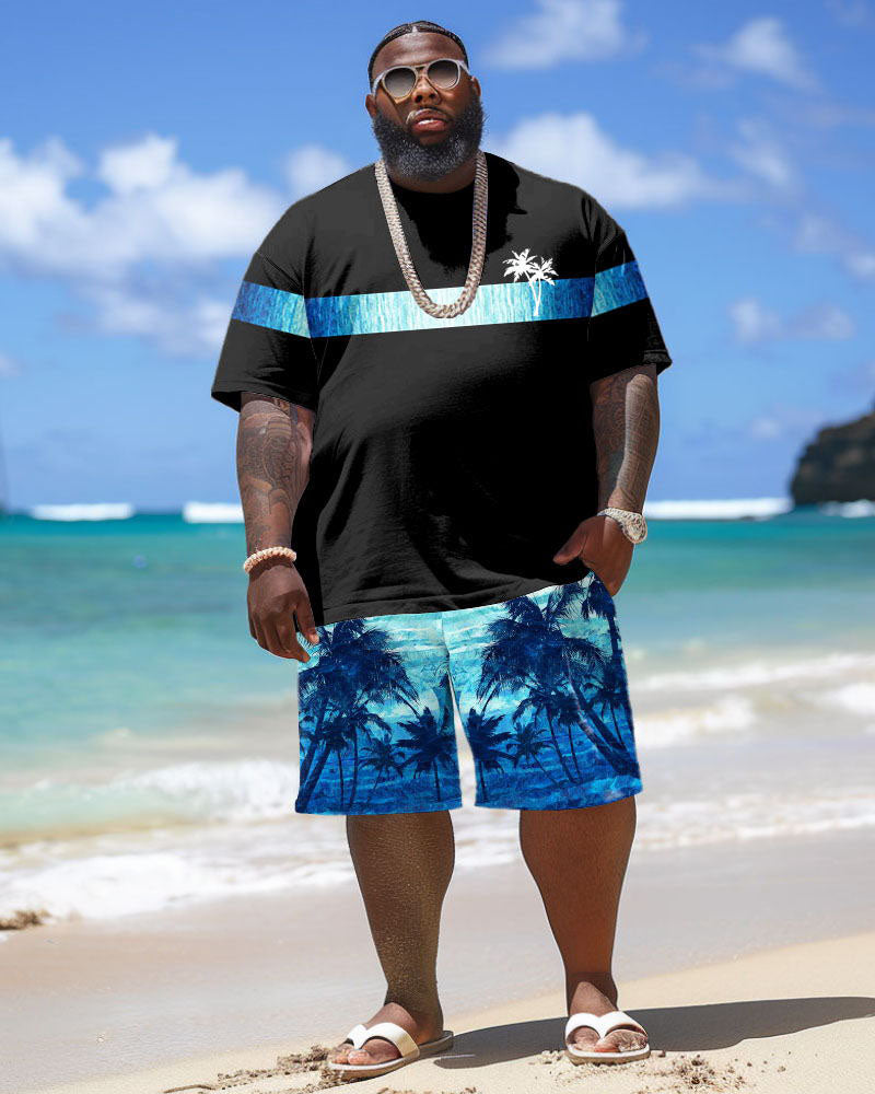 Men's Big & Tall Hawaiian Patchwork Gradient Coconut Tree Print T-Shirt Shorts Set