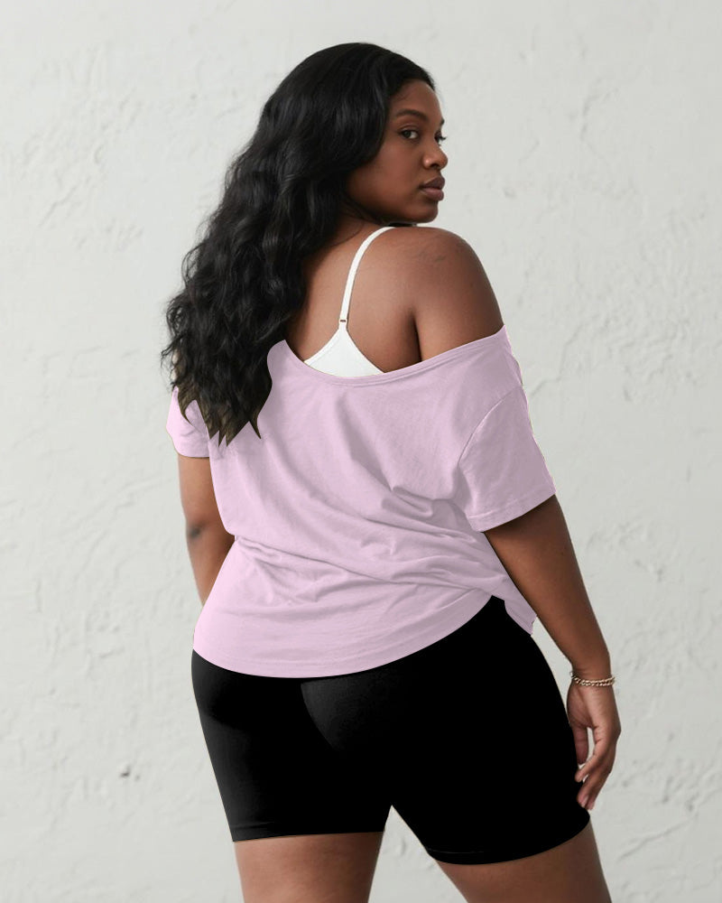 Women's Plus Size Daily Casual PINK Letter Print Short Sleeve Shorts Suit