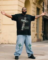 Plus Size Men Retro Jesus You Just Pray Money Printed T-Shirt Denim Pants Suit