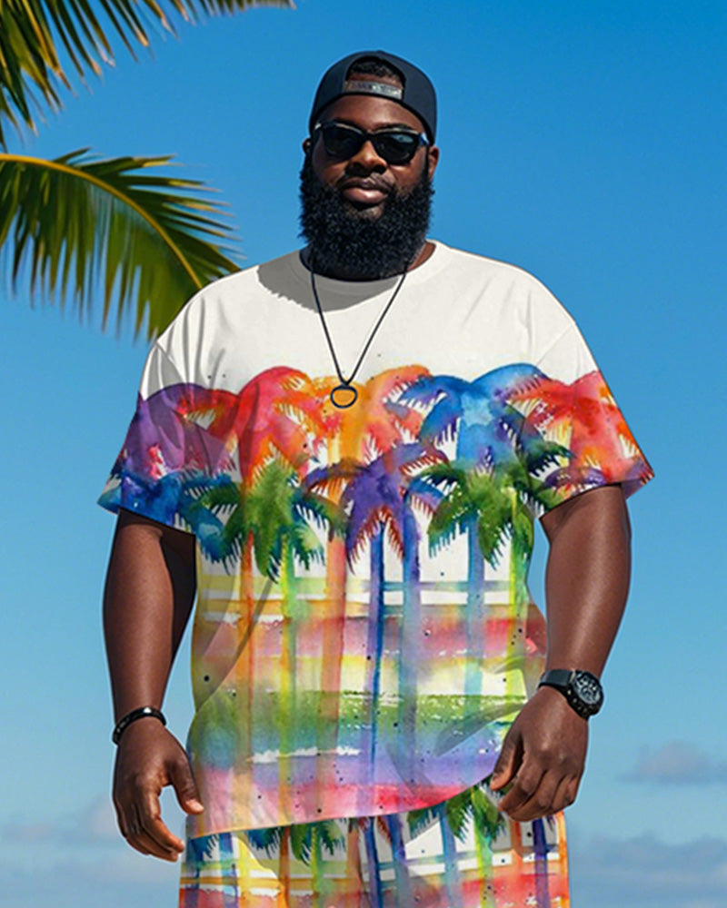 Big & Tall Men's Hawaiian Color Plaid Coconut Graffiti Print Round Neck Short Sleeve T-Shirt Shorts Suit