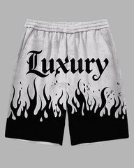 Men's Big & Tall Street Style Artistic Letter Luxury Black Fire Printed Casual Sporty Shorts